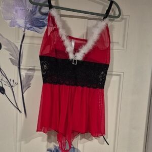 Red Lace Trimmed Lingerie with Fur Detail Sexy
